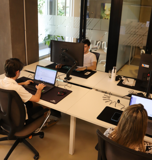 a desk inside an office